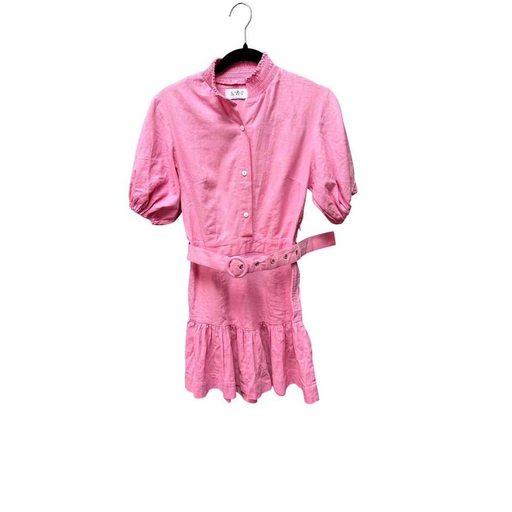 SWF Pink Linen Blend Belted Ruffle Mini Dress Smocked Neck Puff Sleeve XS